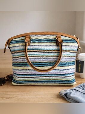 Style & Co Woven Stripe Tote Blue Tan Satchel Crossbody Summer Bag NWT